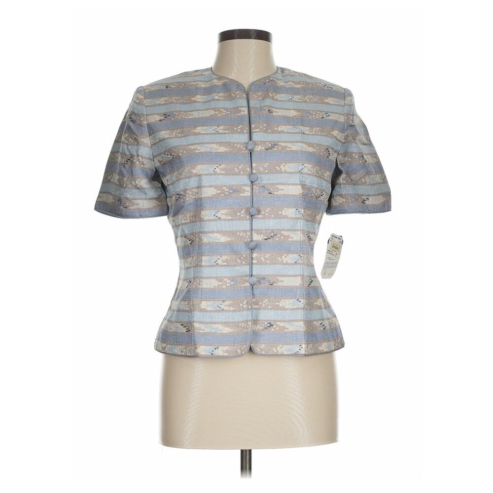 NWT Adrianna Papell Short Sleeve Silk Buttons Jacket Top Blue Brown Beads 6